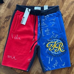 First Row Men’s  Red and Blue Shorts with graffiti